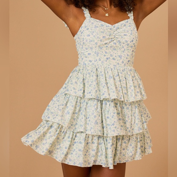 Altar’d State Lola floral ruffle mini dress white blue medium - Picture 2 of 7